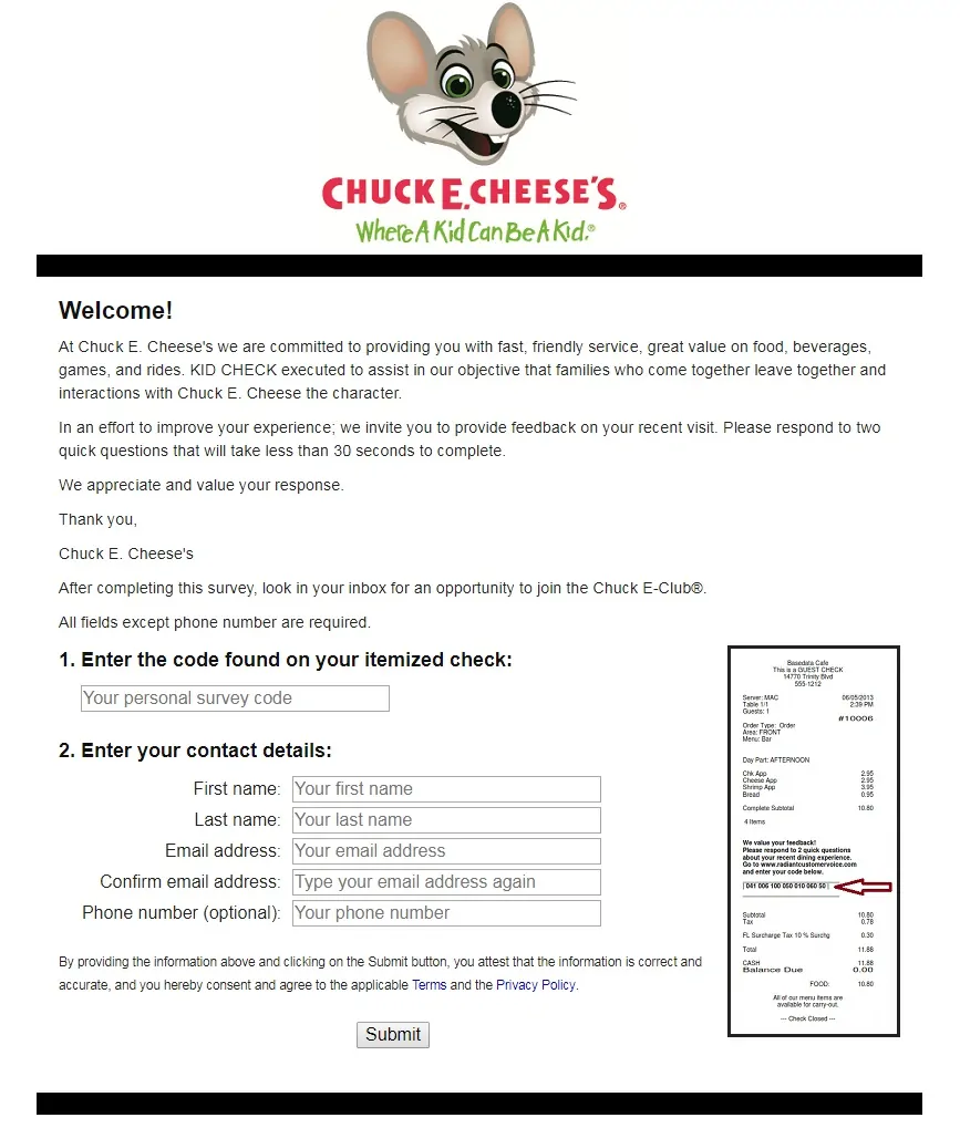 input your contact information and the Chuck E. Cheese survey code 