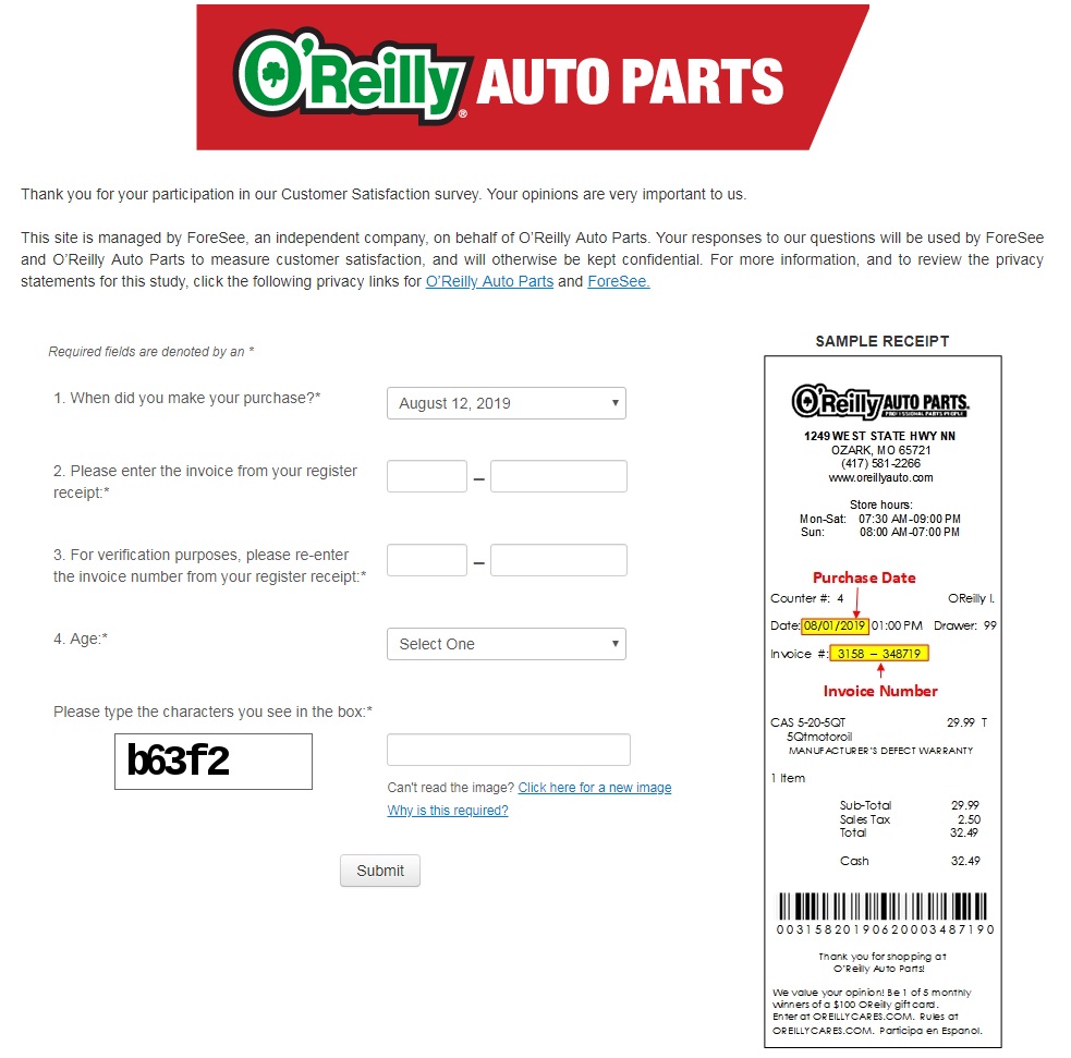 purchase date from O'Reilly Auto Parts