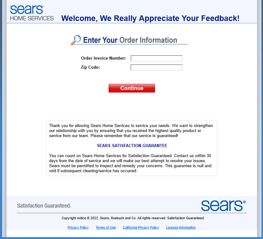  enter the information from your valid Sears receipt.