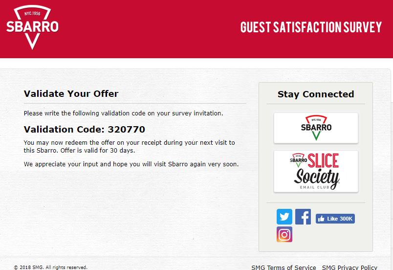 you will receive a Sbarro promotional code