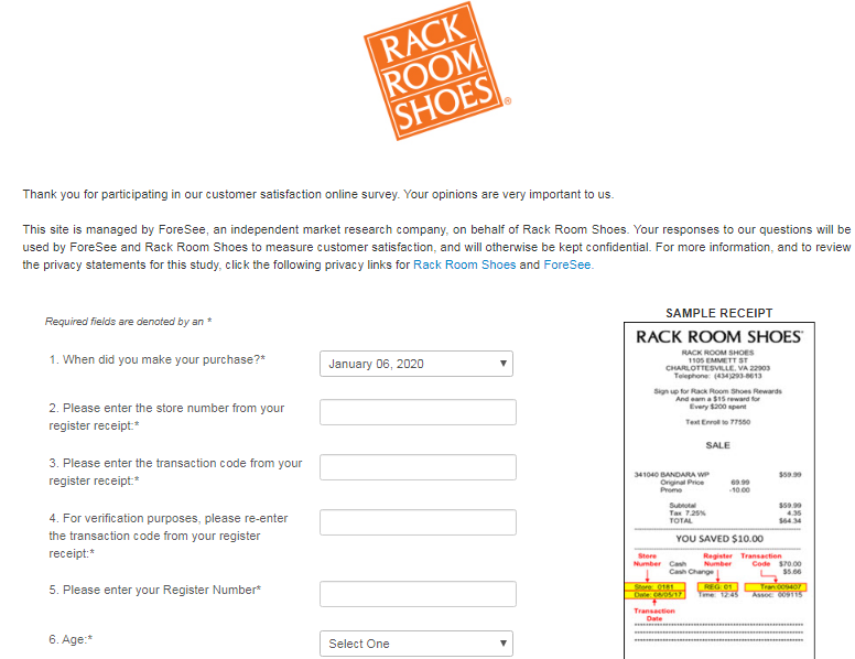 enter the information from your Rack Room Shoes purchase receipt