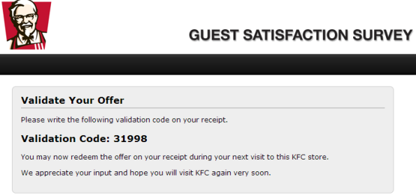 you will receive a KFC validation code.